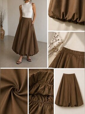 PrettyLittleThing Brown Balloon Midi Skirt High Waist Bubble Hem XS NWT